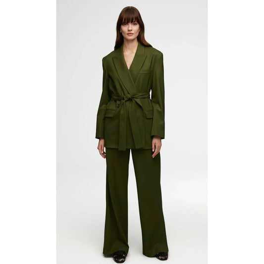 Fashionable Belt Design Green Women Pants Set High-end Female Two Pieces(Jacket+Trousers)أطقم بناطيل