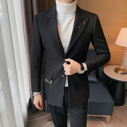 Autumn Pin Decoration Men Blazers Casual Suit Jacket Single Breasted Streetwear Social Business Dress Coat Wedding Groom Jacket