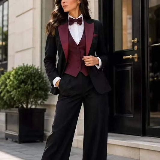 Black And Burgundy New Formal Business Women Suit Wedding Party Prom Mother Girl Tuxedos Costume 3 Piece Set Blazer Vest Pants