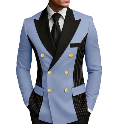 Men's Double Breasted Blazer Striped Patchwork Peak Lapel Slim Fit Formal Wedding Suit Jacket
