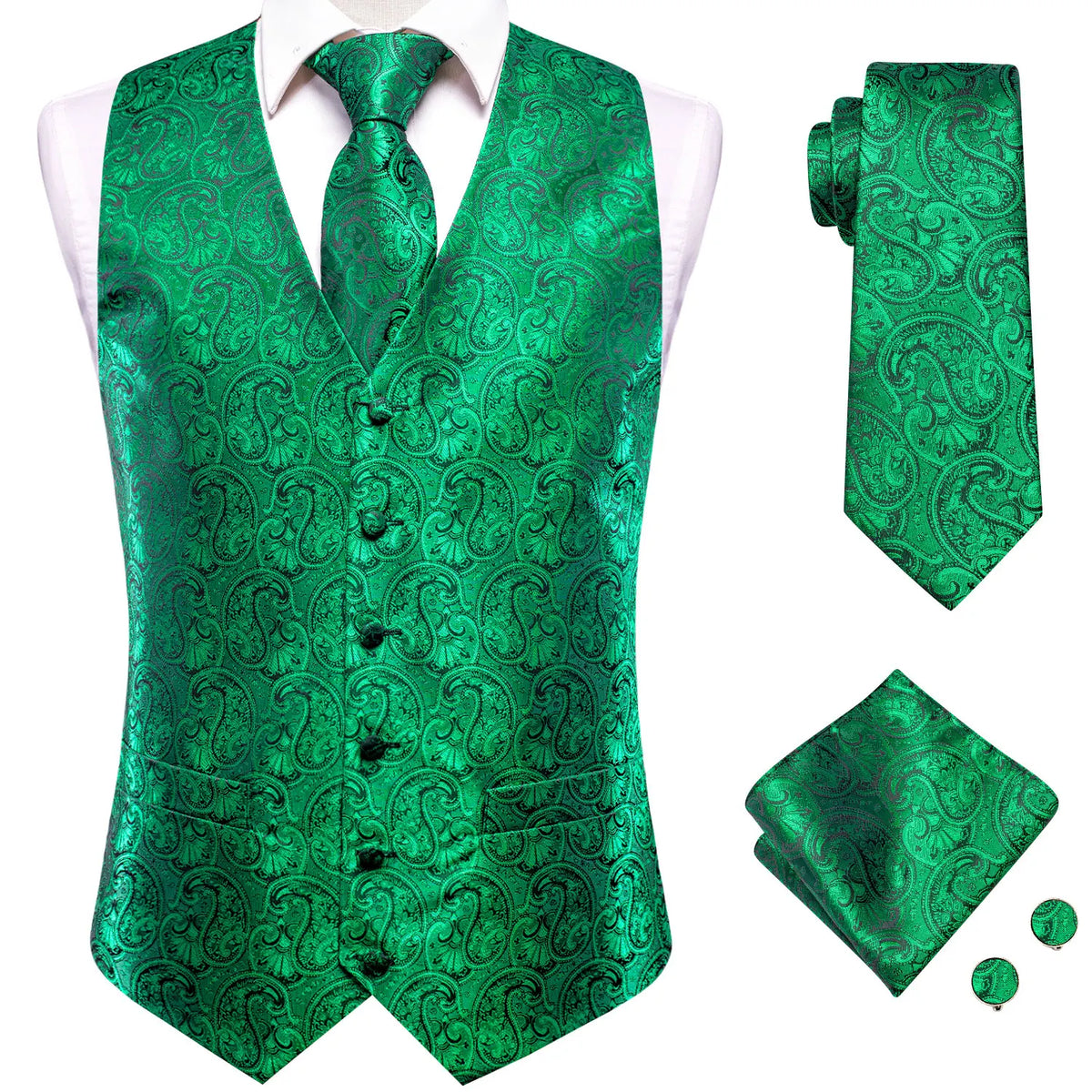 Men's Waistcoat Suit Set with Jacquard Floral Vest, Tie, Hanky & Cufflinks for Wedding and Business