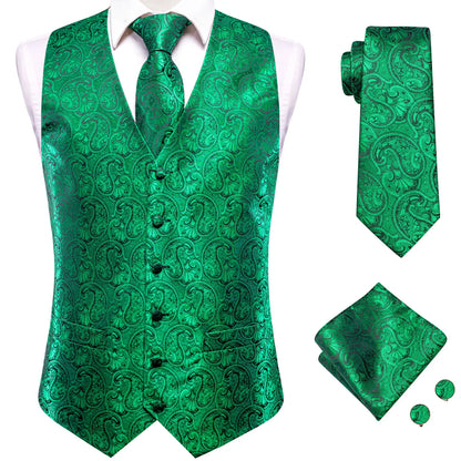 Men's Waistcoat Suit Set with Jacquard Floral Vest, Tie, Hanky & Cufflinks for Wedding and Business
