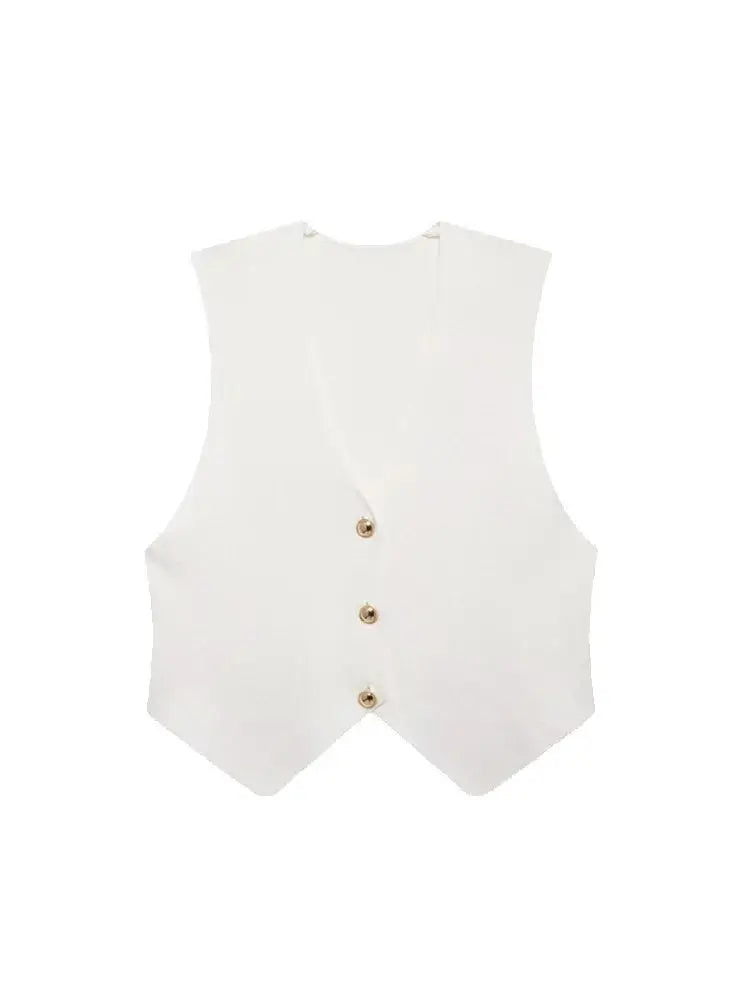 Women's Front Button Crop Knit Vest Sweater, V Neck, Sleeveless, Female Waistcoat, Chic Tops, Fashion