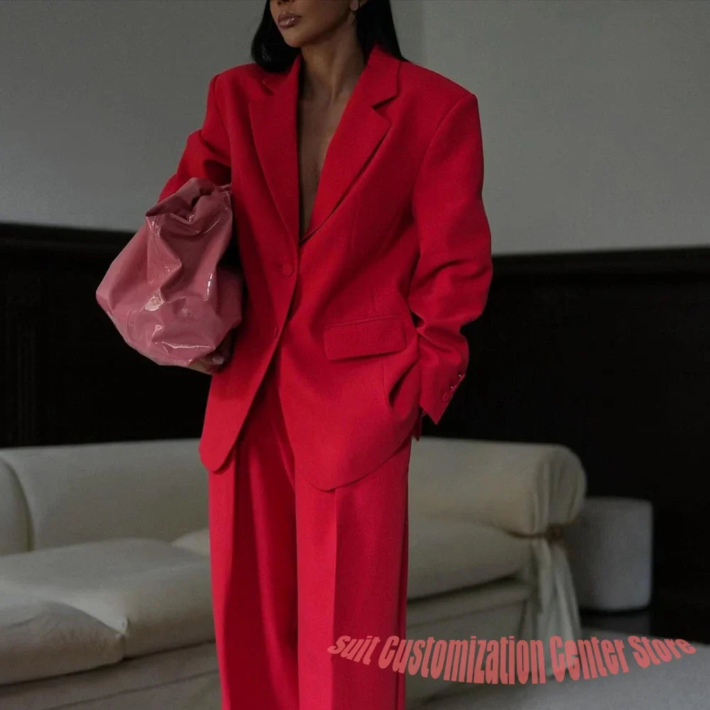 Oversized Woman Navy Clothes Chic Two Piece (Jacket+Pants) Set Trendy Loose-Fit Casual Streetwear Daily Office Lady Outfit