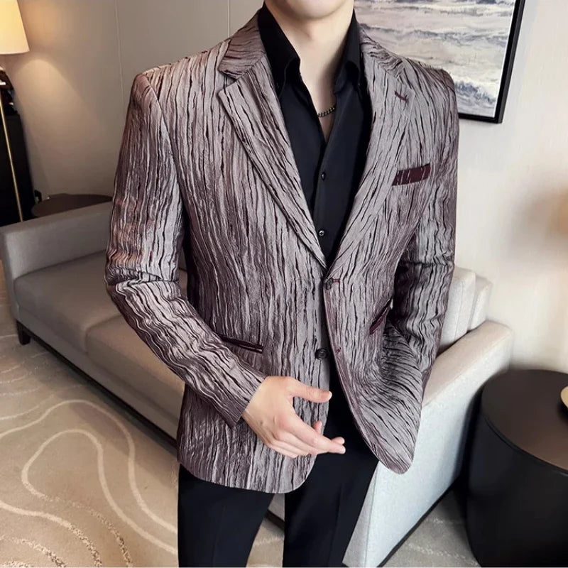 Korean Trend 3D Pleated Suit Jacket for Men Wedding Groom Business Dress Jacket Casual Banquet Party Host Blazer Masculino