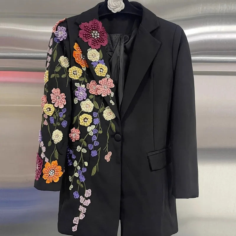 Elegant Women New Autumn Embroidery Floral Blazer Jacket Loose Fit Single Button Work Suit Coat Outwear Fashion Office Ladies