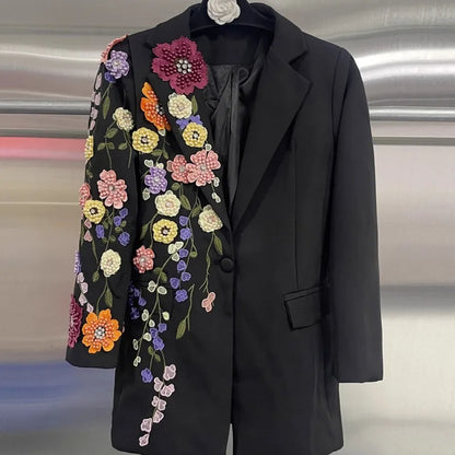 Elegant Women New Autumn Embroidery Floral Blazer Jacket Loose Fit Single Button Work Suit Coat Outwear Fashion Office Ladies