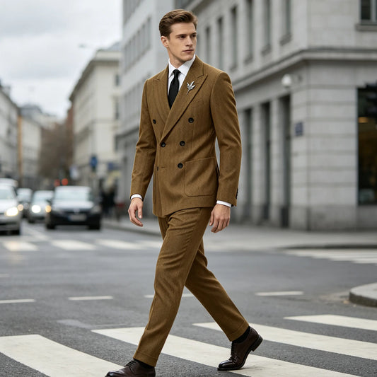 Vintage Men's Herringbone Tweed 2 Pieces Suit Double Breasted Peak Lapel Blazer Pants Formal Set Business Casual Wedding Party
