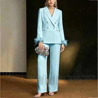 Luxury White Feather Women's Suit Elegant Classic Double Breasted Jacket Pants Formal Evening Party Wedding Guest Outfit