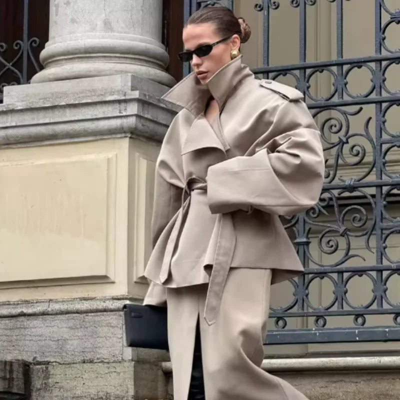 Solid Lapel Lace Up Jacket Elegant Chic Full Sleeve Button Loose Long Coat Women Office Lady Daily Commute Overcoat Windbreaker