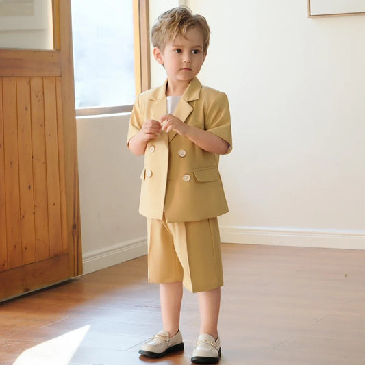 Summer Kids Clothes Fashion Notch Lapel Double Breasted Wear Short Sleeved Tops and Shorts Casual Formal Daily Boys Suits