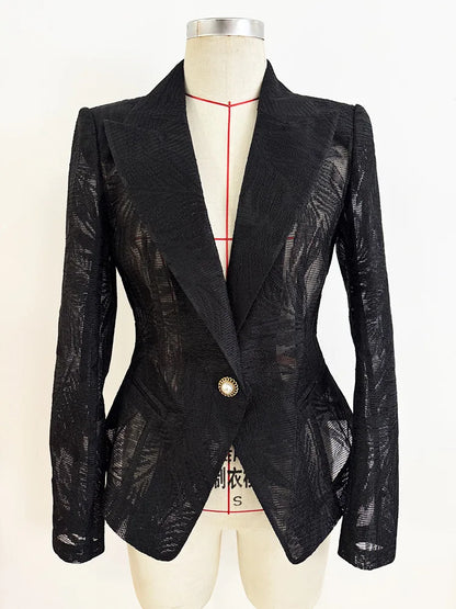 2026 Spring New Women Blazer Sheer Mesh Embroidery Waist Cinching Slim Fit Single Button Elegant Sexy Luxury Jacket HK18562