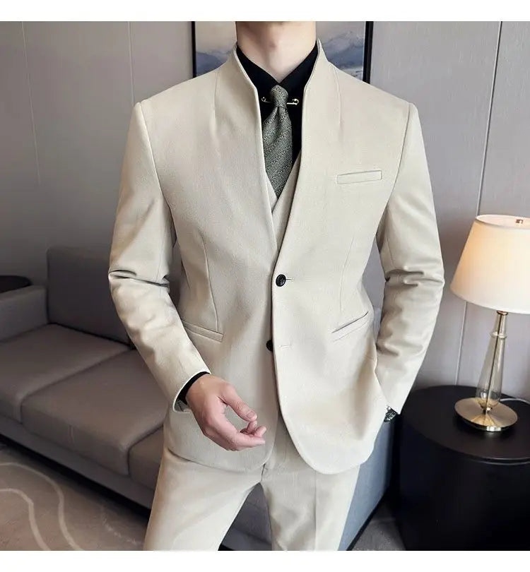 Men's 3-Piece Slim Fit Stand Collar Suit – Wedding, Prom & Office Formal Set