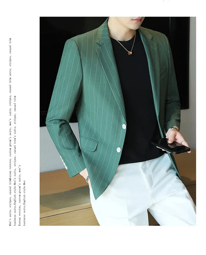 2026 Classic Striped Versatile Suit Jacket Men's Korean Fashion Casual Business Blazers Office Wedding Party Host Formal Jackets