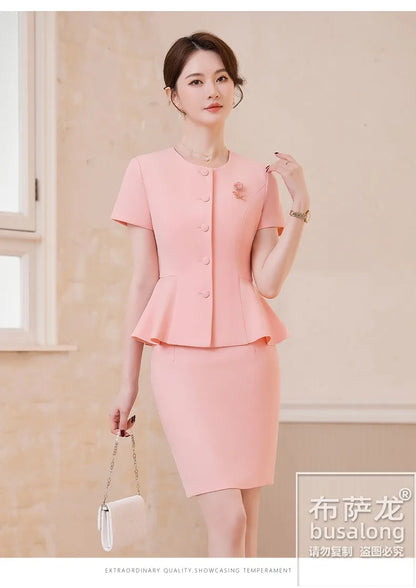 2025Summer Blue Short Sleeve Blazer Suit Professional Women's Skirt Set Short Skirt Elegant Fashion Formal Workwear
