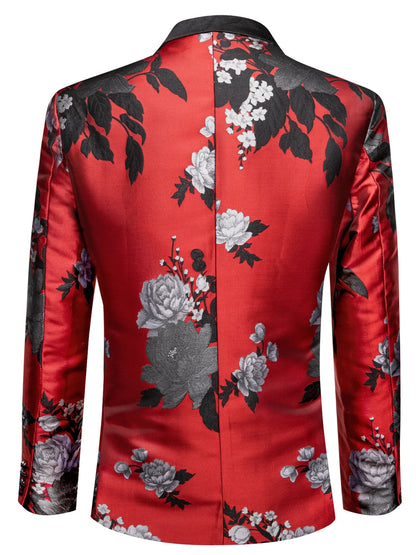 Red Base Grey Peony Floral Jacquard Mens Tuxedo Blazer, Shawl Lapel Single Button Formal Jacket Wedding Host Costume