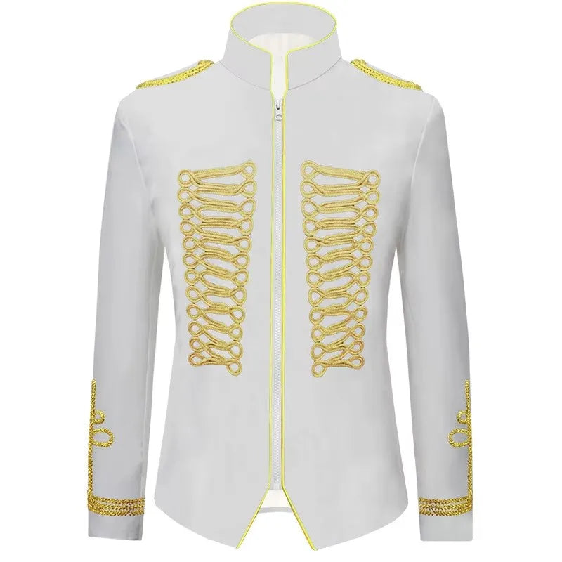 Men's European Style Stand Collar Zipper Blazer Golden Rope Detail Cosplay Middle Ages Tuxedo for Stage Performances And Parties