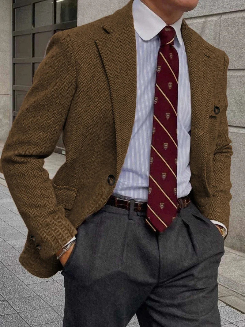 Men's Herringbone Tweed Plaid Blazer Wool Blend Vintage British Gentleman Business Casual Sport Hunting Coat Fit Suit Jacket