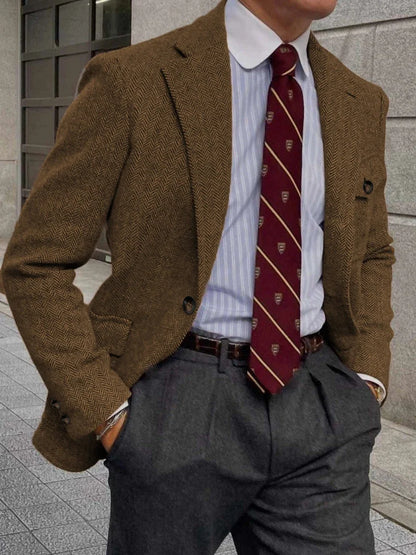 Men's Herringbone Tweed Plaid Blazer Wool Blend Vintage British Gentleman Business Casual Sport Hunting Coat Fit Suit Jacket