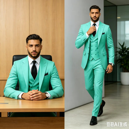 Slim Fit Green Business Mens Suits with Peaked Lapel Wedding Tuxedo Fashion Groom Outfit Jacket Vest Pants Set for Prom Party