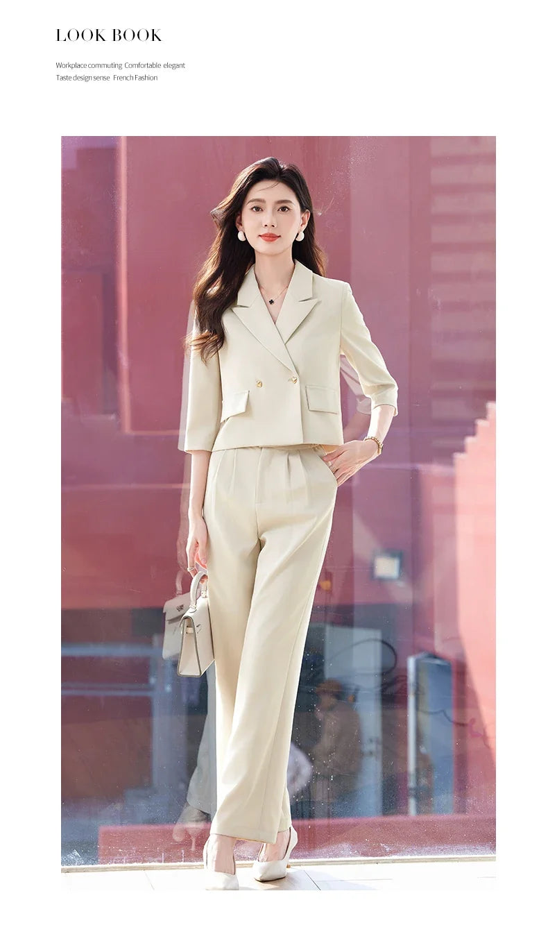 2025 New Fashionable Professional Womens Mid-Sleeve Suit Jacket + Pants. Soft and Comfortable