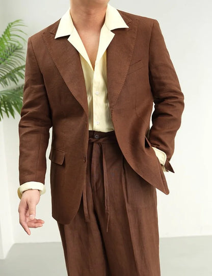 Men Retro Linen Suit Set Notched Collar Thin Business Casual Blazers Two Piece Set Lace Up Long Pant Full Length Trousers Outfit
