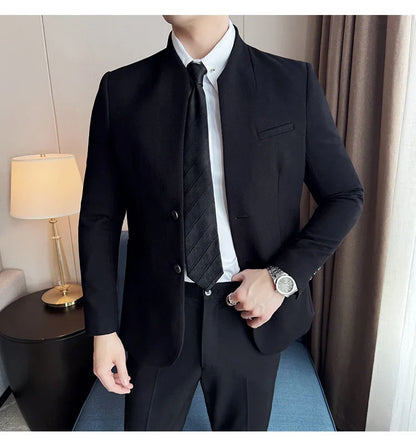 Waffle New Chinese Stand-Up Collar Suit Coats Men Slim Fit Business Casual Fashion Suits Jacket Formal Social Prom Party Tuxedos