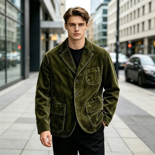 Men's Corduroy Blazer Long Sleeve 2 Button Notch Lapel Multi Pocket Vintage Casual Jacket for Fall Winter Work Party