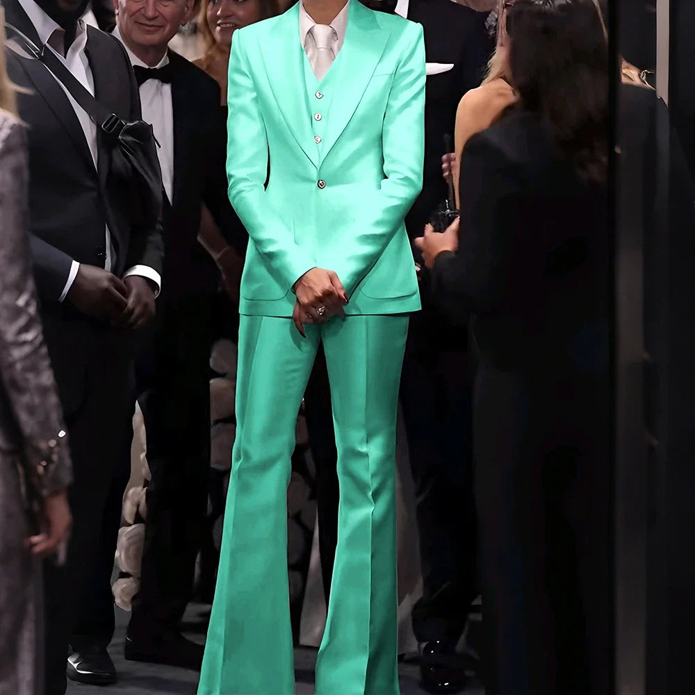 Women's White Satin Tailored Suit Set Slim Fit Jacket+Vest+Pants Formal Three-Piece Outfit for Prom Elegant Evening Party Wear