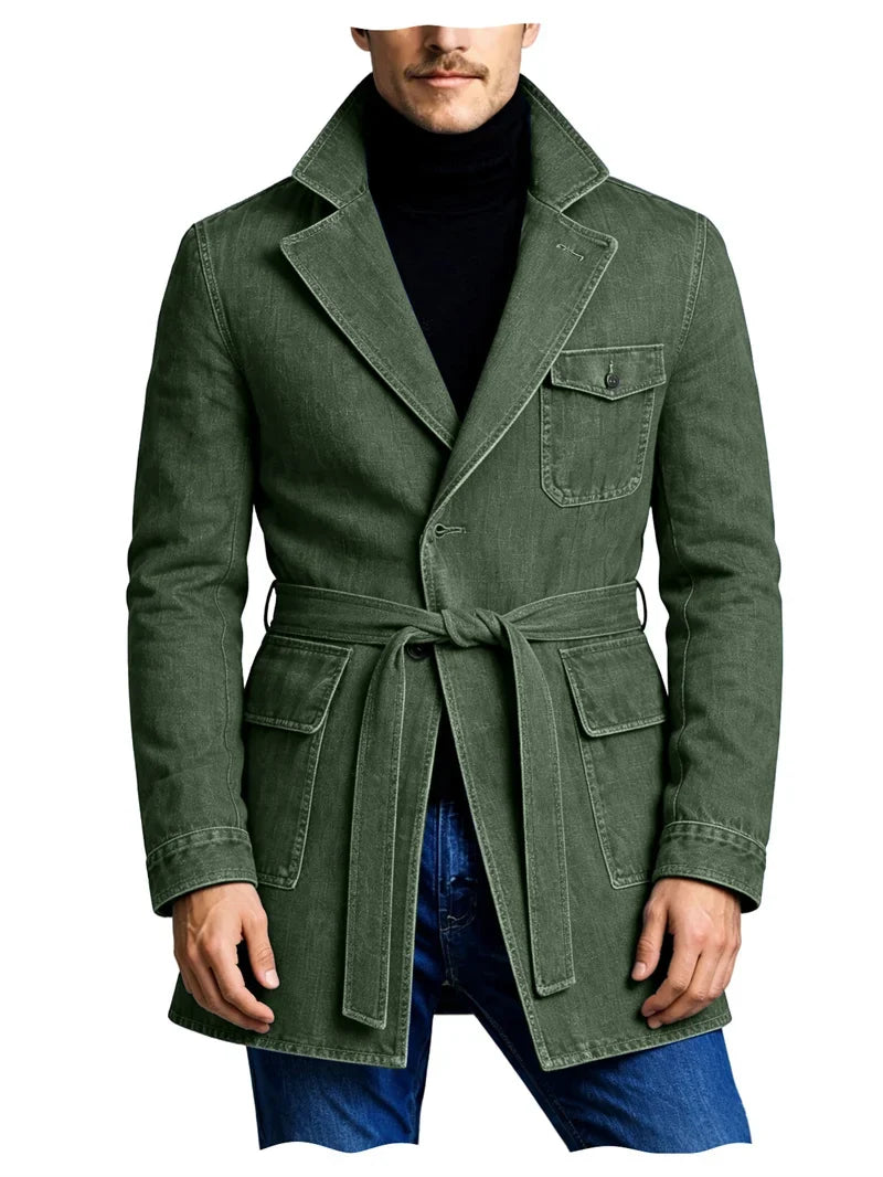 Men's Vintage Mid Length Belted Denim Trench Coat Notched Lapel Casual Workwear Outerwear Stylish Daily Streetwear Jacket