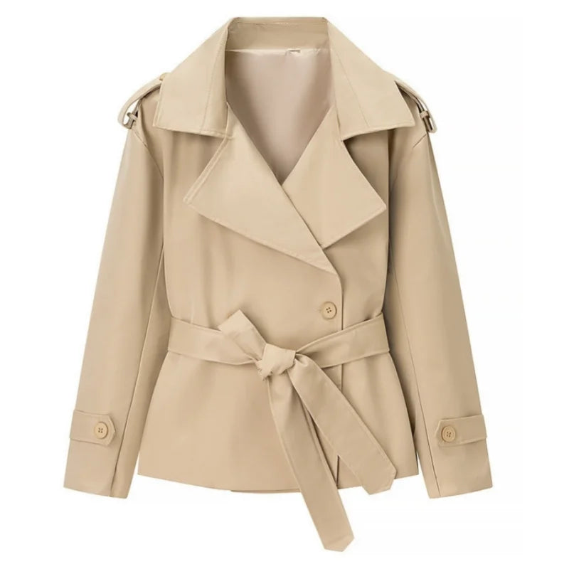 Solid Lapel Lace Up Jacket Elegant Chic Full Sleeve Button Loose Long Coat Women Office Lady Daily Commute Overcoat Windbreaker