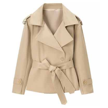 Solid Lapel Lace Up Jacket Elegant Chic Full Sleeve Button Loose Long Coat Women Office Lady Daily Commute Overcoat Windbreaker