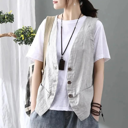Retro Style Female Sleeveless Camisole Jacket Women Loose Cardigan Vest Coat Summer Ladies Leisure Short Waistcoat Outwear