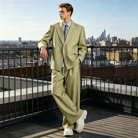 Men's 2 Piece Set Pinstripe Double Breasted Oversized Blazer Wide Leg Pants Business Fashion Casual Daily Wedding Prom Outfit