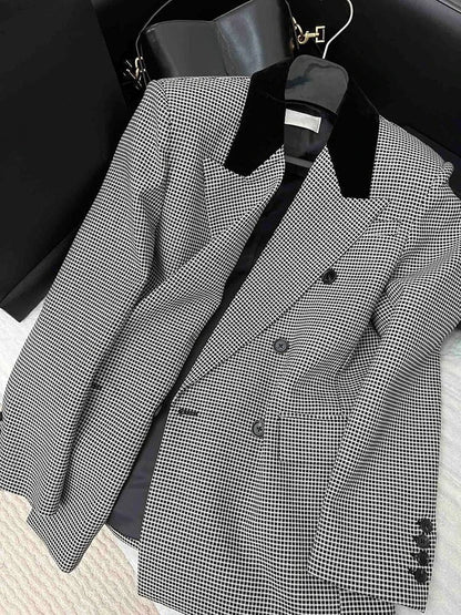 2026 Spring Autumn French Style Plaid Double Breasted Blazer Men Elegant Check Suit Jacket Fashion Outerwear