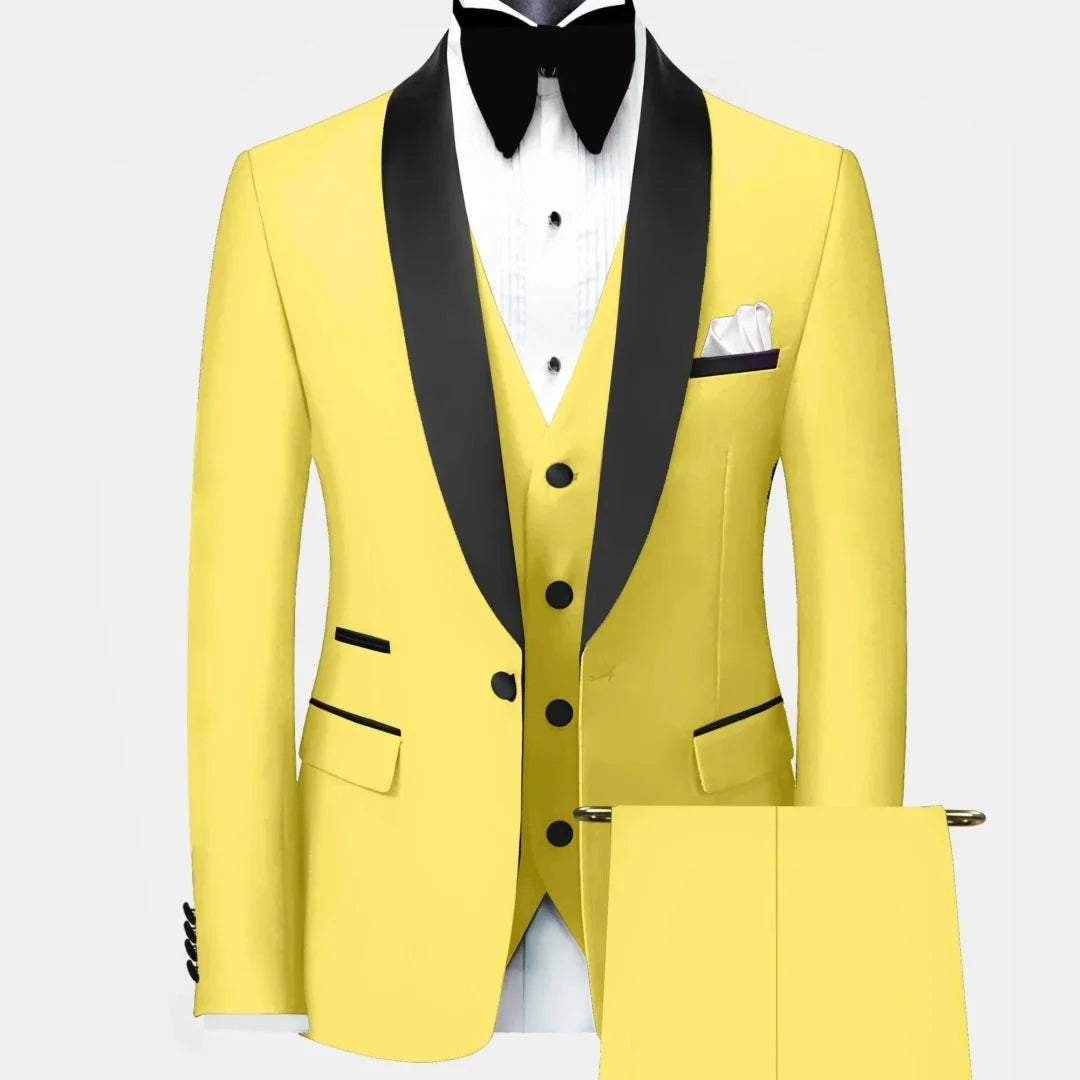 Men Suit 3 Pieces Black Single Button With Bright Lapel For Wedding Groom Banquet Party Business Work Set Jacket Vest Pants