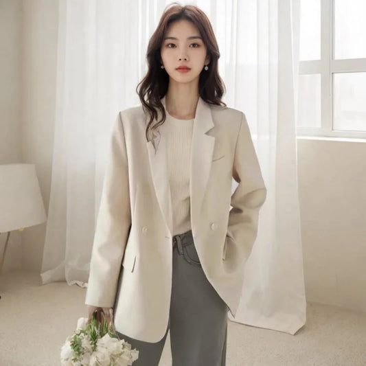 Spring Autumn Leisure Women Blazers New Solid Color Korean-style Office Ladies Suit Jacket Notched Lapel Outerwear Straight Coat