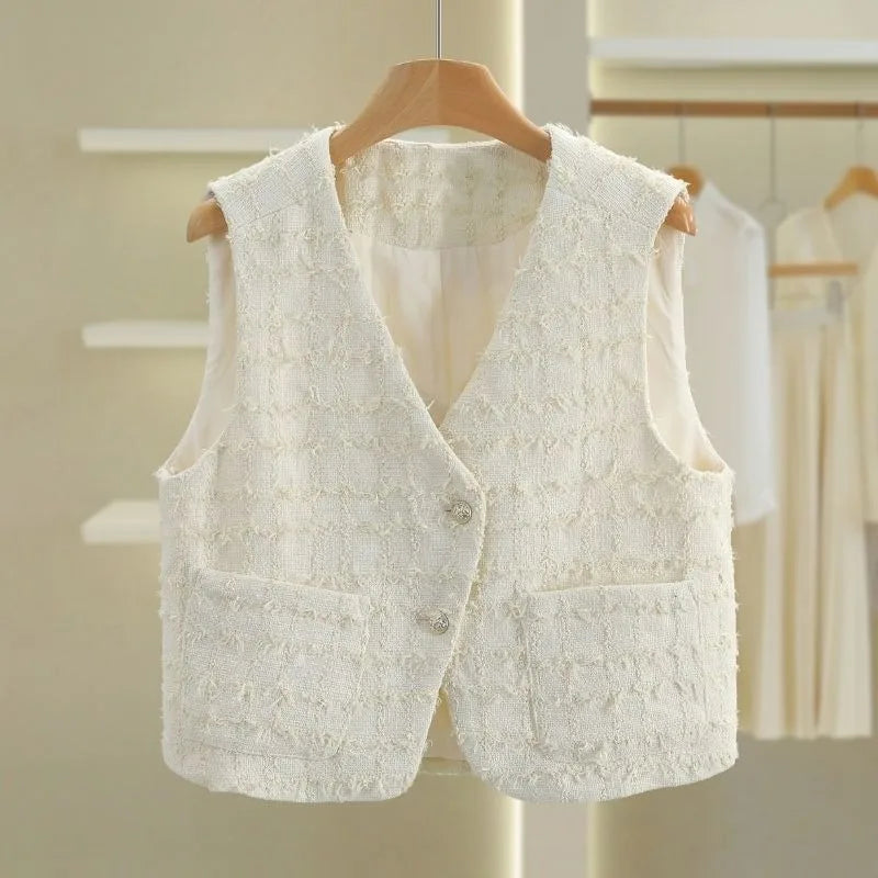 Women Small Fragrance Vest New Spring Autumn Tweed Vest Coat Sleeveless Short Jacket Female Casual Tops Waistcoat Chaleco Mujer