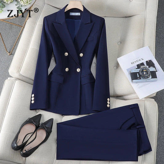Business Chic Formal Blazer Suit Trousers Two Pieces Womens Outfit 2025 Autumn Elegant Double Breasted Jacket and Pant Sets