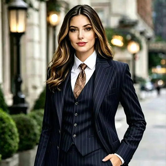 Women's Navy Pinstripe 3 Pcs Suits Tailored Blazer Waistcoat Trousers Formal Event Wear Women's Business Set Jacket+Vest+Pant