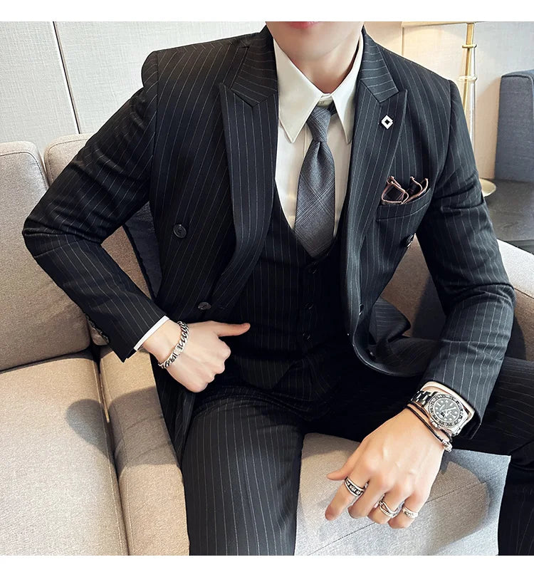 (Jacket + Vest + Pants)Three Piece Set Men Blazers Set stripe Suits Busines Casual Slim Fit Formal Dress Groom Tuxedo Wedding