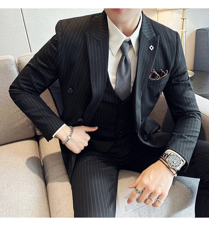 (Jacket + Vest + Pants)Three Piece Set Men Blazers Set stripe Suits Busines Casual Slim Fit Formal Dress Groom Tuxedo Wedding