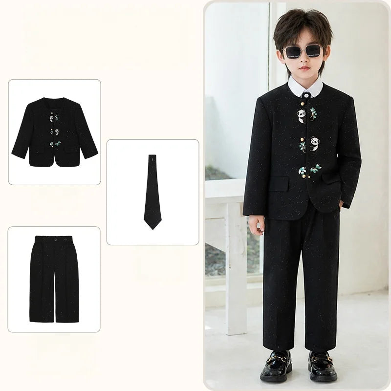 90-160 Kids New Chinese Tang Suit Hanfu Embroidery Suit Flower Boys Host Recitation Performance Costume