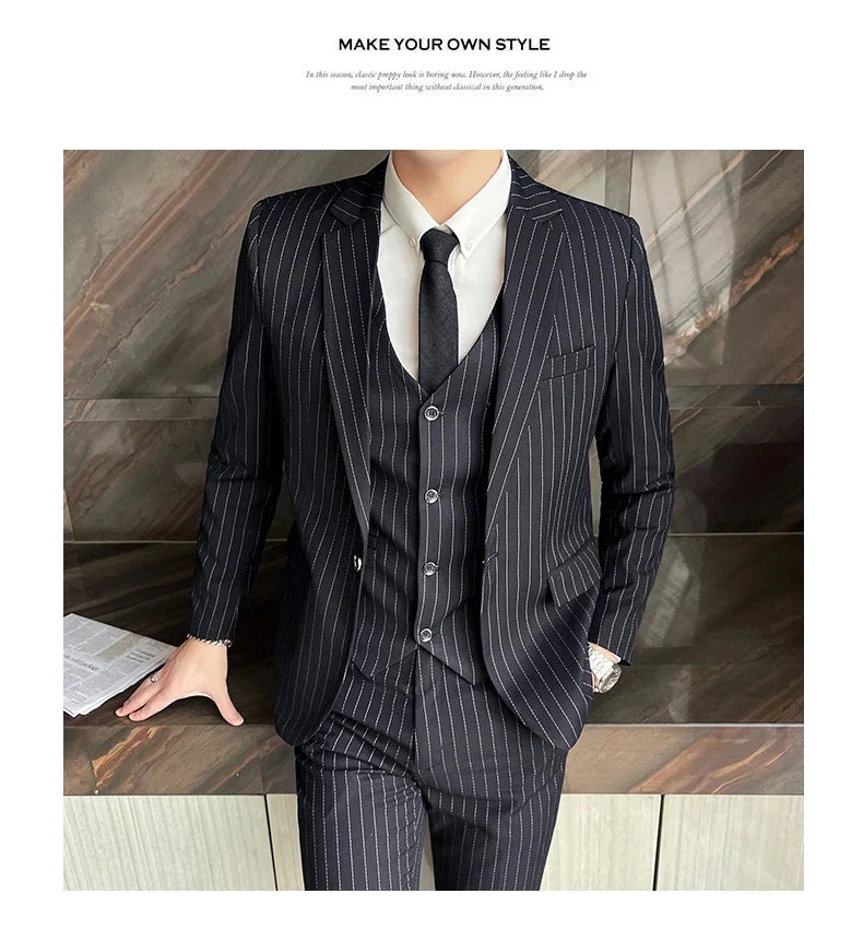 2024 Slim Fit Striped Three-Piece Business Suit Vest Trousers Set Korean Fashion Trend Handsome Wedding Outfit