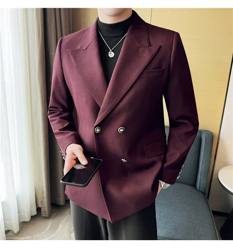 Autumn Winter Thickened Woolen Suit Jacket Men Double-breasted Casual Business Blazers Slim Fit Wedding Social Dress Coat M-4XL