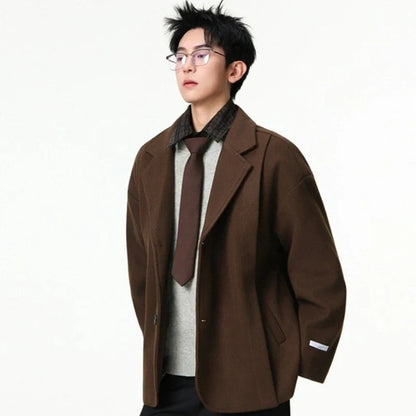 Men's British Style Brown Wool Blend Blazer Korean Loose Lapel Chic Autumn Fashion Suit Jacket