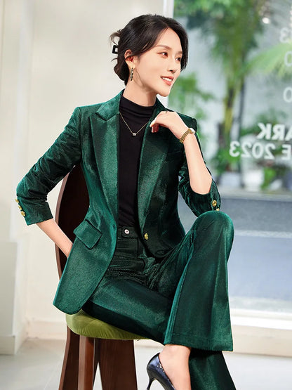Pleuche Two Piece Sets Womens Outifits 2024 New Fashion Slim Elegant Long Sleeve Blazer Office Lady Flare Pants Suits