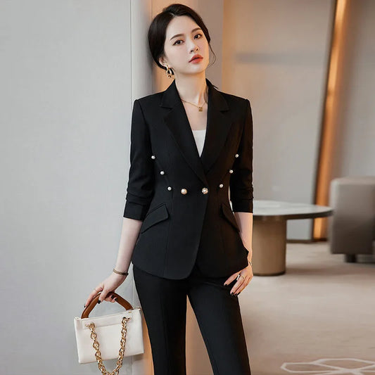 Office Lady Formal Blazer Pants Suits 2 Piece Matching Set Conjuntos Para Mujeres Plus Size Jacket Split Flare Pants Sets New