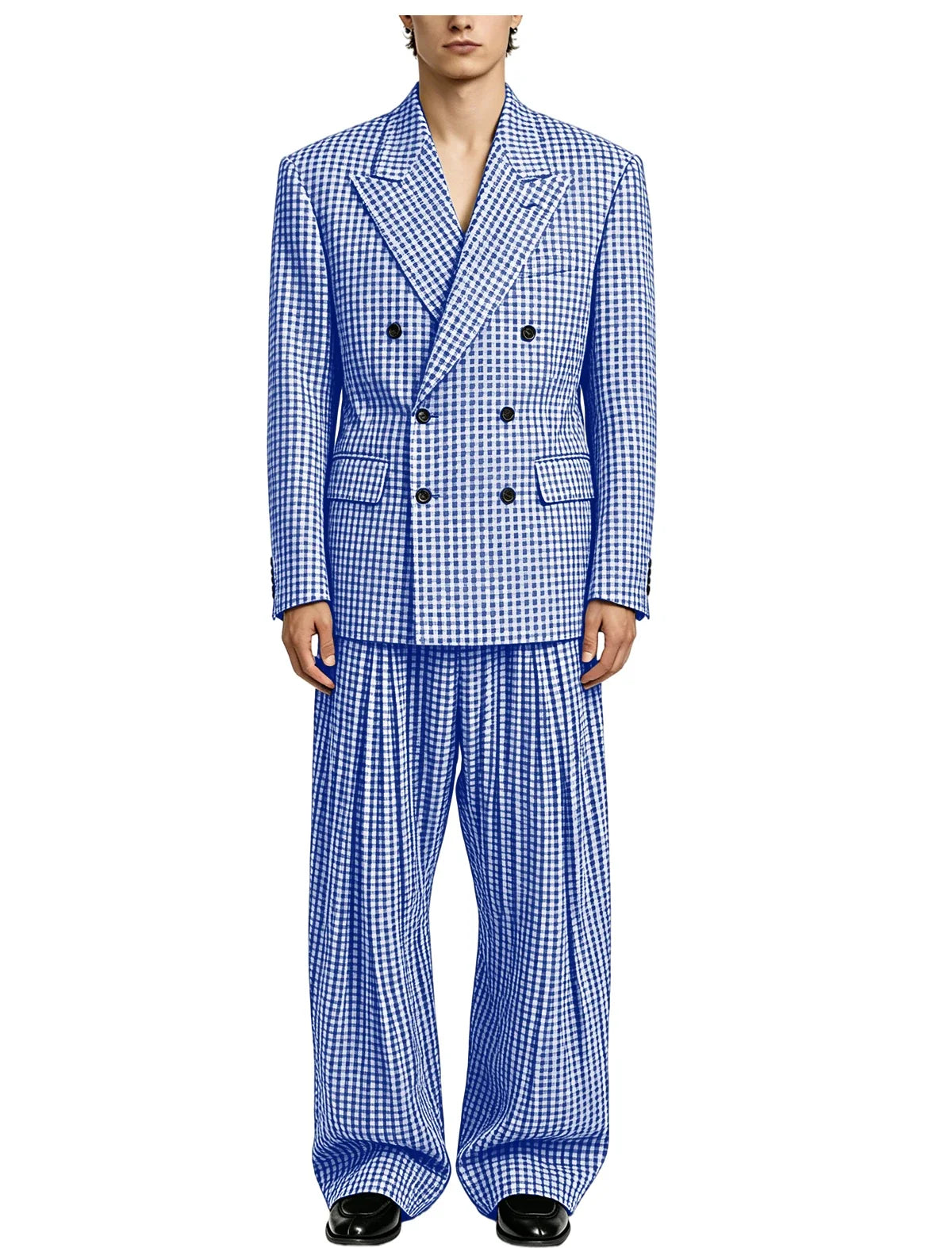 Men's Thin 2 Piece Suit Double Breasted Peak Lapel Blazer Wide Straight Leg Pants Summer Formal Set For Wedding Party