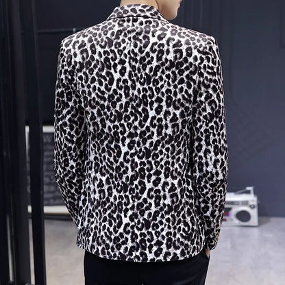 KIDWHXR Suit Coat Man Vintage Fashion Leopard Print Long Sleeve Male Blazer Slim Single-breasted Casual Versatile Man Outerwear
